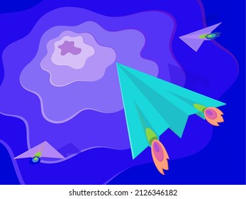 
Cohetes de papel volando sobre un agujero espacial