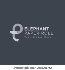 paper roll logo, elephant logo, monogram letter e and p with head elephant logo, sturdy and strong like it, gray means calm and not careless in making decisions. logo suitable for various industries