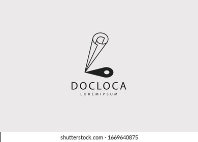 paper roll logo and location pin. Modern outline design illustration of paper roll with shadow pin location map. Vector art line icon template