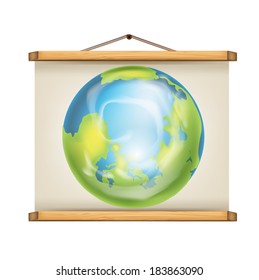 paper roll sign with wooden frames and image of planet earth isolated 