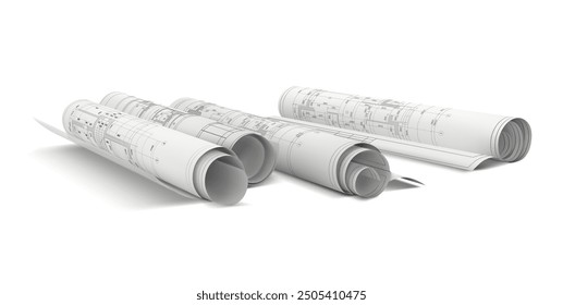 Paper rolls with blueprints. Vector illustration.