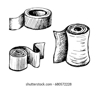 Paper in rolls of different shapes and purposes. Molar Scotch tape. Toilet paper and towels. Vector sketch drawn by hand.