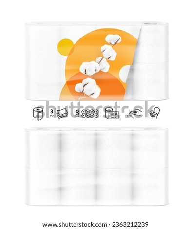 Paper rolls package mockup with sample. Vector illustration isolated on white background. Front view. Can be use for template your design, presentation, promo, ad. EPS10.
