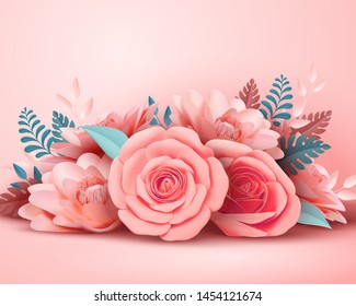 Paper rose flower decorations in 3d illustration