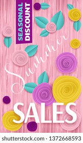 Paper rose pink vector poster Summer discounts