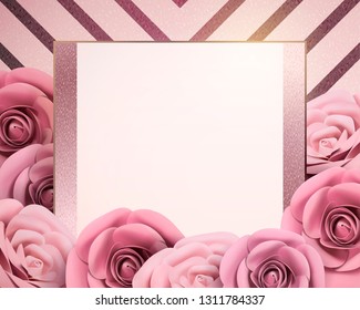 Paper roses with blank copy space on striped background, 3d illustration