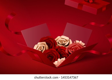 Paper roses in open gift box on red background, 3d illustration