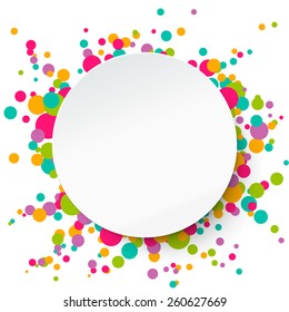 Paper round banner on confetti background. Applique style, vector illustration. Template for your text.