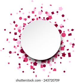 Paper round card on pink celebration confetti. Vector background.