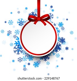 Paper round Christmas ball on blue snowflakes. Vector background.