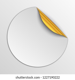 Paper round sticker isolated. Vector illustration. Paper label with gold corner.