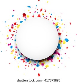 Paper round white background with color painted drops. Vector illustration.