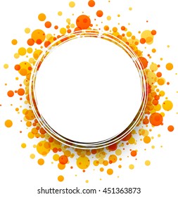 Papier, runder weißer Hintergrund mit orangefarbenen und gelben Tropfen. Vektorgrafik.