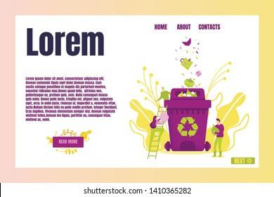 Paper Rubbish Falling into Bin Banner. Small People Throwing Trash Going up by Ladder. Falling Trash. Waste Management Concept Vector Illustration. Protection Environment Website Design.
