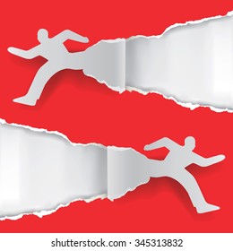 Paper running man ripping paper.
Paper silhouette of  two running men ripping red paper background with place for your text or image.Vector illustration.
