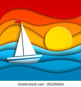 paper sail in the sea at sunset vector illustration