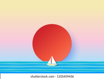 Paper sailboat and red sun on blue wave ocean background.Paper art vector illustration