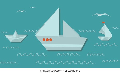 Paper sailboats with seagulls on 
turquoise background