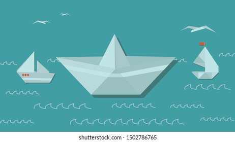 Paper sailboats with seagulls on 
turquoise background