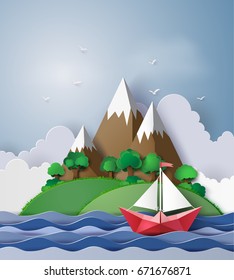 paper sailing boat float on  the sea with island in the background. paper art and  digital craft style.