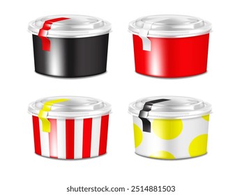 Paper salad bowl with clear plastic lid and blank label sticker. Black, white, color design. 3d mockup. Easy editable. Disposable takeaway food container isolated. Realistic vector mock-up. Template