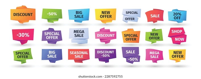 Paper sale banners. Price label sticker prints, abstract discount label sticker set and best offer message concept. Vector geometric collection. Horizontal colorful ribbons for shop or store