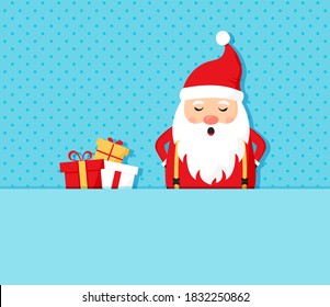 Paper Santa Claus, Christmas vector greeting card, cute cartoon character on blue polka dot  background. Pile gift boxes. Winter illustration