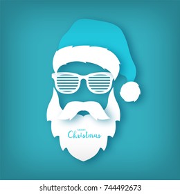 Paper Santa Claus with glasses shutter shades on blue background. Origami concept. Christmas illustration.