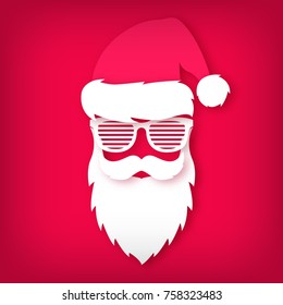 Paper Santa Claus with glasses shutter shades on red background. Paper art. Christmas illustration.