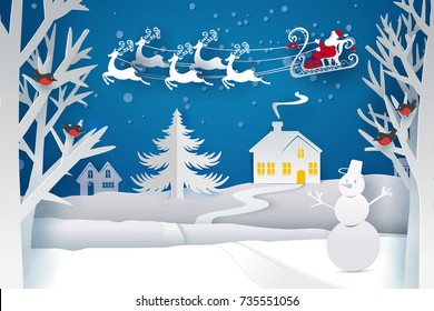 Paper Santa Claus Sleigh Reindeer Fly Sky over white Winter Snow Countryside Landscape. Happy new year and Merry Christmas paper art, cut and craft style banner. Vector illustration. Holly Night