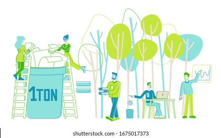 Paper Saving, Stop Deforestation and Trees Cutting Concept. Tiny Male and Female Characters Throw Paper Waste to Recycle Litter Bin for Reusing, Eco Conservation. Linear People Vector Illustration