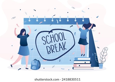 Programación de papel con texto - receso escolar. Felices colegialas saltando y celebrando. Verano o vacaciones de invierno. Las chicas de clase y un gran planificador o calendario. Ilustración vectorial plana