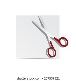 Paper and scissors on a white background.