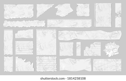 Paper scrap. Blank ripped paper, torn page piece and scrapbook note paper piece, stripe isolated. Vector texture page, textured memo sheet or notepad shred, crumpled scrap illustration