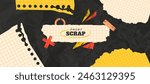 Paper scrap collage background. Torn notebook paper elements with grunge hand drawn shapes. Wrinkled paper effect. Promotional and advertising background.
