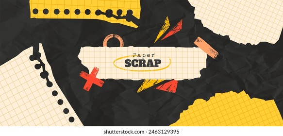 Paper scrap collage background. Torn notebook paper elements with grunge hand drawn shapes. Wrinkled paper effect. Promotional and advertising background.