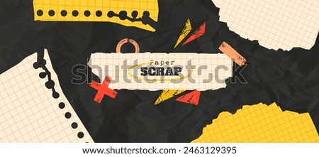 Paper scrap collage background. Torn notebook paper elements with grunge hand drawn shapes. Wrinkled paper effect. Promotional and advertising background.