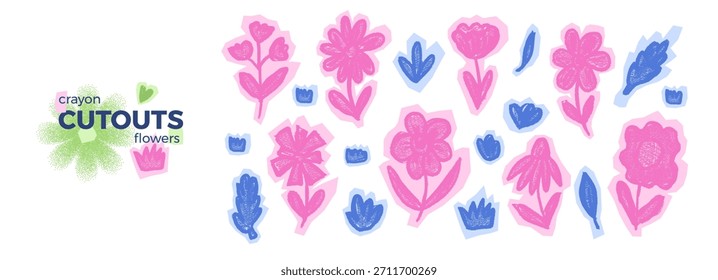 Papel scrapbook rabiscar recorta flores. Ingênuo azul rosa cor-de-rosa adesivos de natureza angular. Conjunto de formas florais nórdicas com texturas de giz de cera. Corte de flores silvestres colagem de férias de primavera. Ilustração vetorial