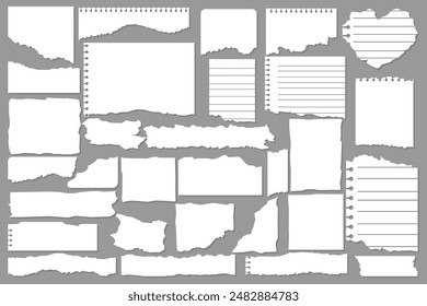 Desechos de papel. Papeles rasgados, pedazos de página rota y pedazo de papel de la nota del libro de recortes. Página de textura, hoja de memo texturizada o cuaderno de notas. conjunto de signos aislados de Ilustración vectorial
