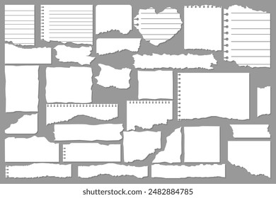 Desechos de papel. Papeles rasgados, pedazos de página rota y pedazo de papel de la nota del libro de recortes. Página de textura, hoja de memo texturizada o cuaderno de notas. conjunto de signos aislados de Ilustración vectorial