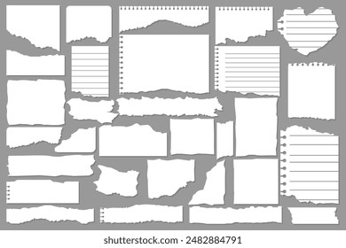 Papierabfälle. Zerrissenes Papier, zerrissene Seitenstücke und Scrapbook-Notizpapier. Texturseite, strukturiertes Merkblatt oder Notizbuch-Shred. Vektorillustration isolierter Zeichensatz