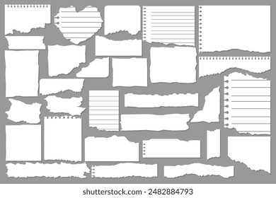 Desechos de papel. Papeles rasgados, pedazos de página rota y pedazo de papel de la nota del libro de recortes. Página de textura, hoja de memo texturizada o cuaderno de notas. conjunto de signos aislados de Ilustración vectorial