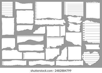 Desechos de papel. Papeles rasgados, pedazos de página rota y pedazo de papel de la nota del libro de recortes. Página de textura, hoja de memo texturizada o cuaderno de notas. conjunto de signos aislados de Ilustración vectorial