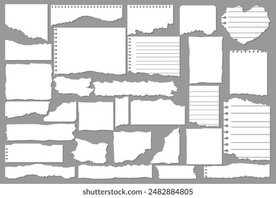 Desechos de papel. Papeles rasgados, pedazos de página rota y pedazo de papel de la nota del libro de recortes. Página de textura, hoja de memo texturizada o cuaderno de notas. conjunto de signos aislados de Ilustración vectorial