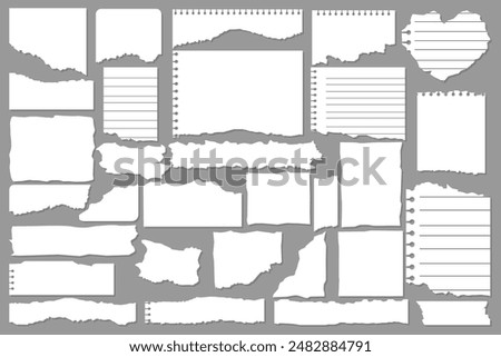 Paper scraps. Ripped papers, torn page pieces and scrapbook note paper piece. Texture page, textured memo sheet or notebook shred. Vector illustration isolated sign set