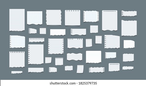 Desechos de papel. Página textura, hoja de memo texturada o compartimiento de cuaderno. Hojas de papel con notas en blanco. Papeles rasgados, piezas de página rotas y papel de papel con notas de recortes. Ilustración del vector, EPS 10.