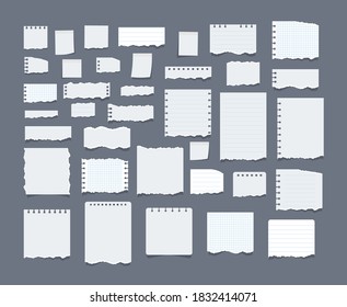 Paper scraps. Texture page, textured memo sheet or notebook shred. Blank note paper sheets. Ripped papers, torn page pieces and scrapbook note paper piece. Vector illustration, EPS 10.