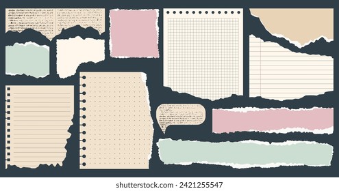 Paper scraps with torn edges. A set of torn paper, shreds of notebook pages, old newspaper. Trendy elements for collage. Sticky notes. Vector illustration