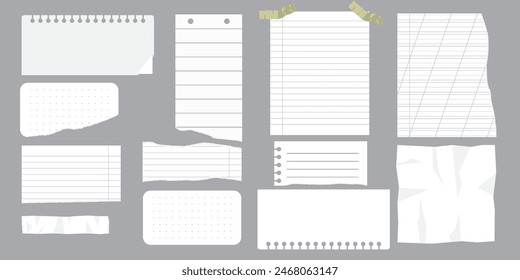 Paper scraps. Torn pieces of paper, with torn edges for notes, realistic torn pieces of blank note pages. Vector illustration isolated