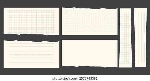 Paper scraps. Torn pieces of paper, with torn edges for notes, realistic torn pieces of blank note pages. Vector illustration isolated